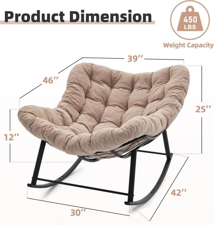 Oversized Rocking Chair Indoor, Papasan Rocking Chair Outdoor, Lounge Chair with Cushion, Patio Egg Rocker Chairs, Comfy Reading Chairs for Bedroom, Living Room, Garden, Lawn, Khaki - Image 2