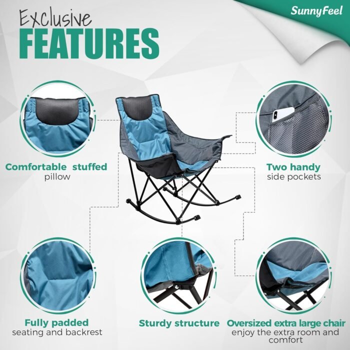 SUNNYFEEL Oversized Rocking Camping Chair, Fully Padded Patio Chair with Side Pocket, High Back Portable Lawn Recliner with Headrest, Outdoor Camp Rocker Chairs for Adults Heavy Duty 500 LBS - Image 6