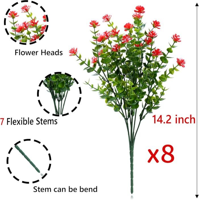 SITUMEIZI 8 Bundles Red Artificial Flowers Outdoor Fake Flower Plastic UV Resistant Shrubs Greenery Plants Hanging Decorations Garden Porch Window Box Farmhouse Outside Summer Indoor Decor - Image 2