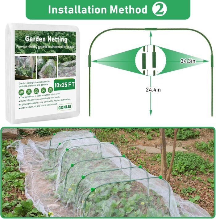 GonLei 10x25FT Garden Mesh Netting Kit Raised Beds (6 Pcs Garden Hoops & 18 Clips) Garden Hoops Plant Row Covers Netting Protection Berry Bush Trees Grass Seed Barrier Net - Image 6