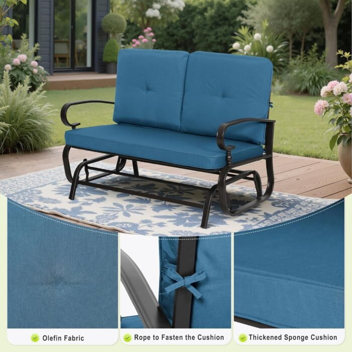 Incbruce Outdoor Rocking Chair with Cushion Glider Bench for 2 Person, Seating Loveseat Steel Frame for Porch, Patio, Garden (Peacock Blue) - Image 5