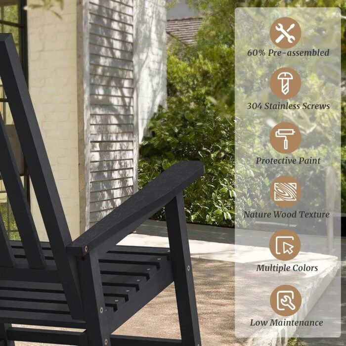 Oversized Outdoor Rocking Chairs Set of 2, All Weather Resistant Wooden Rocker with High Back and Wide Seat, Heavy Duty 350 lbs Patio Chair for Backyard, Porch, Garden, Black - Image 4