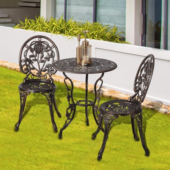 HOMEFUN Bistro Table and Chairs Set of 2 Outdoor 3 Piece Patio Set, Rose Pattern Cast Aluminum Bistro for Garden Balcony, Durable Rust All-Weather Resistance, Rose Bronze - Image 7