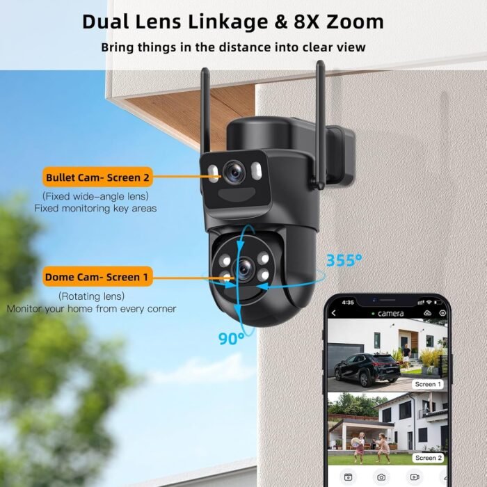 6MP Solar Security Camera Wireless Outdoor, 2.4ghz & 5ghz WiFi, Fixed & Rotating Dual Lens 2-in-1 Home Security Camera with Color Night Vision, Auto Tracking, Human Detection, Spotlight Siren - Image 3