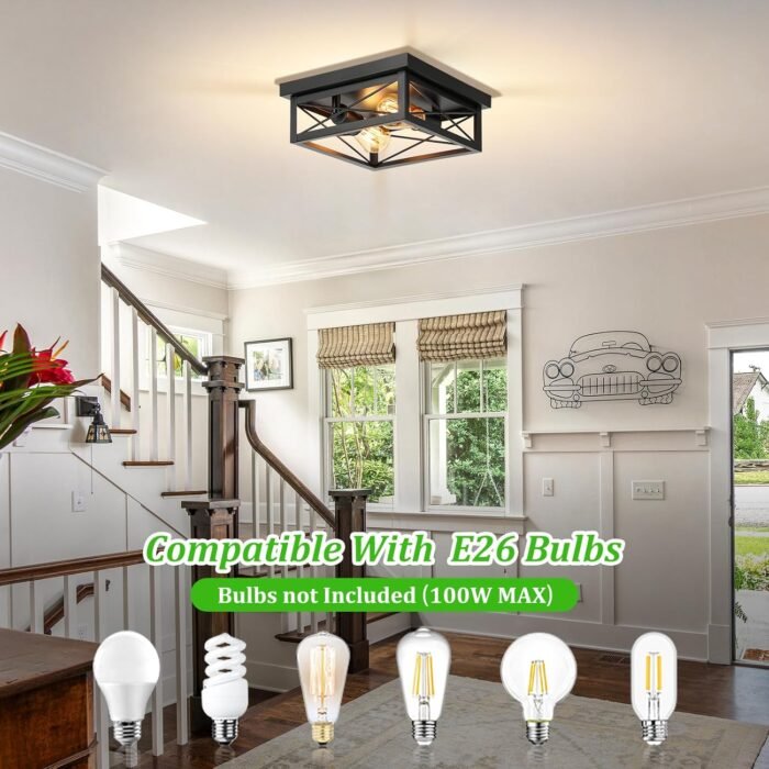 2-Light Industrial Square Flush Mount Ceiling Light, Farmhouse Ceiling Light Fixture for Kitchen, Modern Black Close to Ceiling Light for Hallway Bedroom Balcony Porch Stairway, E26, 2-Pack - Image 6