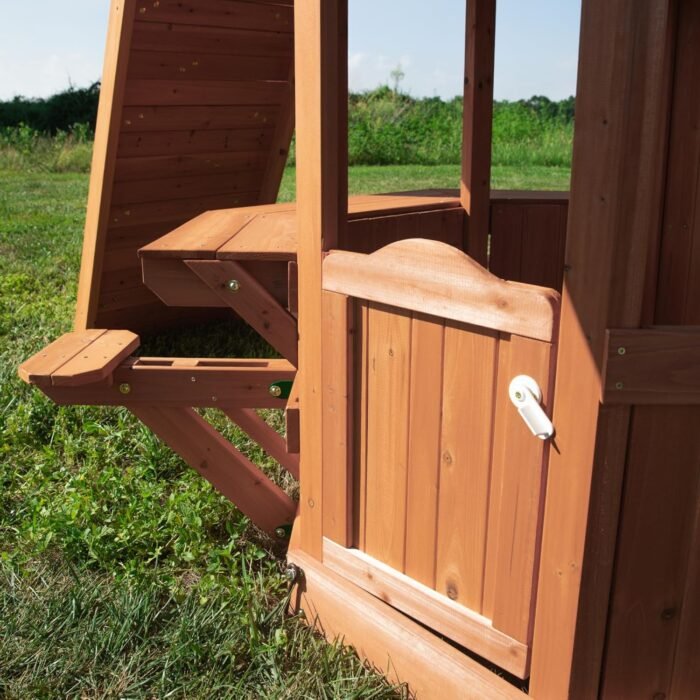 Backyard Discovery Woodland Cedar Wood Swing Set with Wave Slide, Clubhouse, Rock Wall, Snack Bar Station, Benches, Belt Swings, Trapeze, Half Door, Balcony, Step Ladder, Outdoor Playset - Image 6