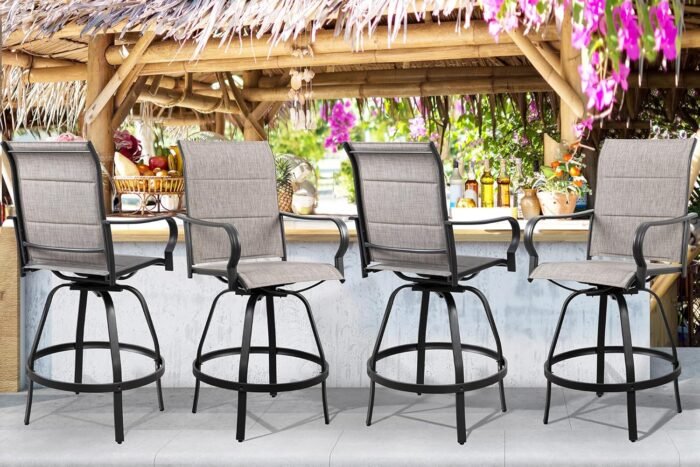 Shintenchi 4 Piece Patio Swivel Bar Stools, All-Weather Padded Textile Outdoor High Top Bistro Chairs，Outdoor Height Bar Patio Stools& Bar Chairs Set of 4 with High Back for Yard, Balcony, Deck