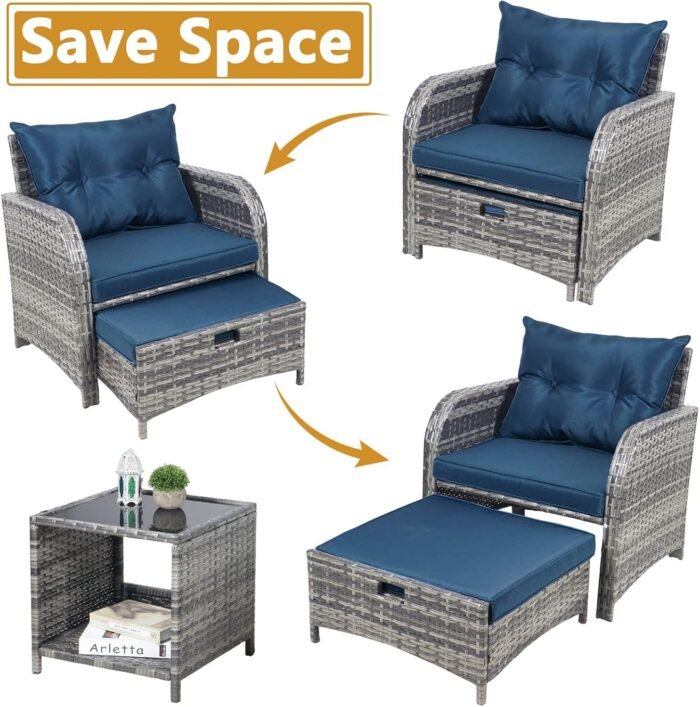 5 Pieces Wicker Outdoor Patio Chairs Set with Ottoman, All Weather PE Rattan Patio Conversation Furniture Set Outdoor Furniture Set with Hidden Ottoman for Poolside Garden Balcony, Blue - Image 5