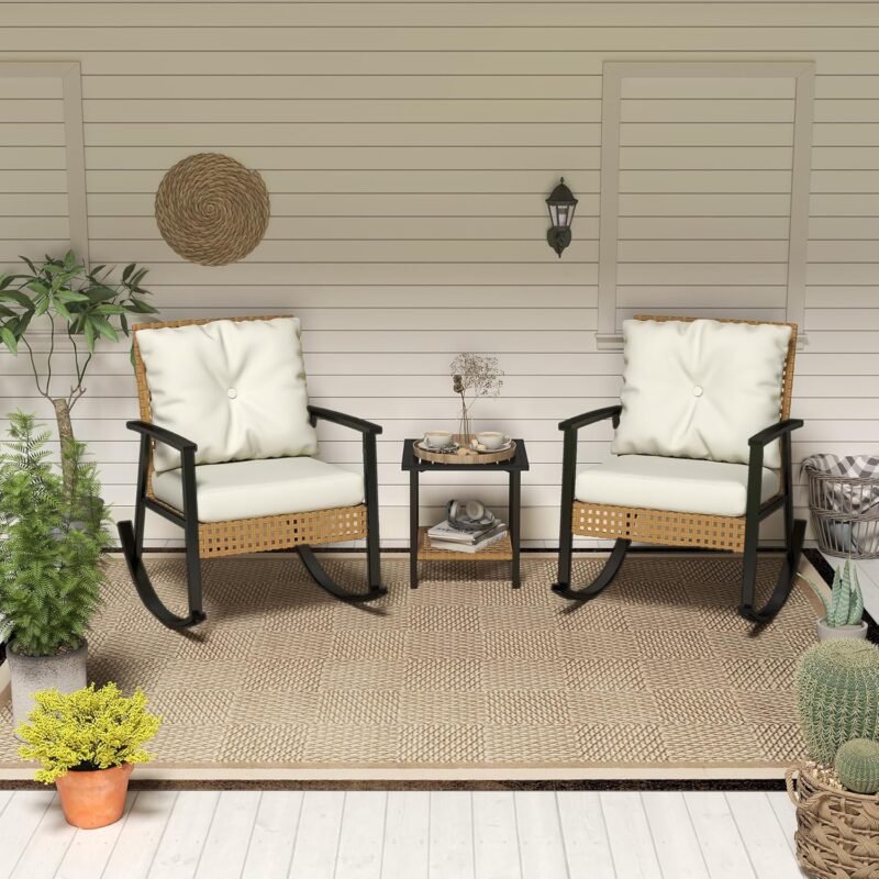3 Piece Outdoor Rocking Chairs, Outdoor Patio Furniture Set with Thick Cushion and Coffee Table, Rattan Rocking Bistro Set for Grand Porch Balcony Garden