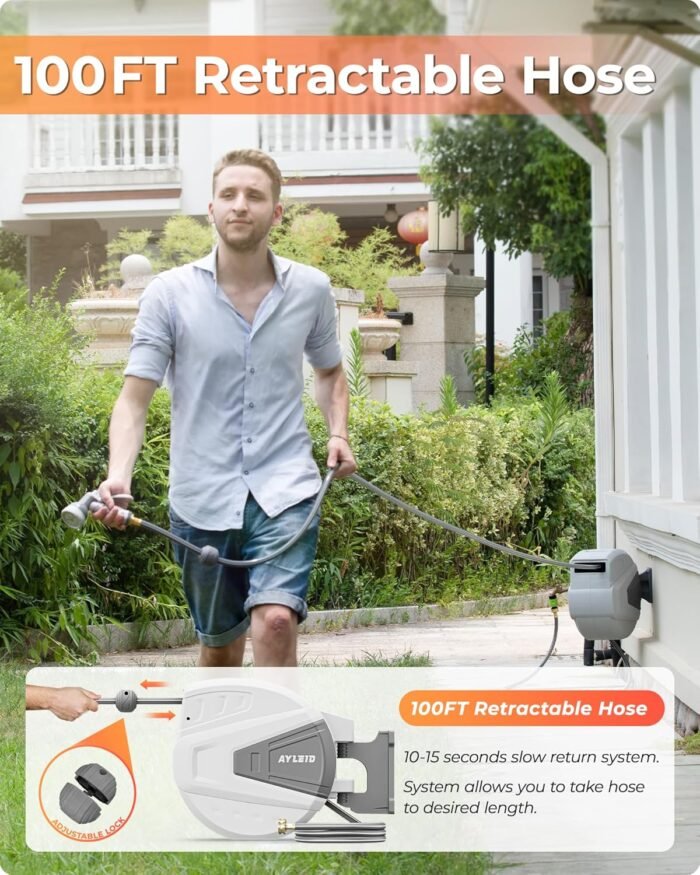 Ayleid Retractable Garden Hose Reel,5/8 in x 100 FT Wall Mounted Hose Reel, with 9- Function Sprayer Nozzle, Any Length Lock/Slow Return System/Wall Mounted/180°Swivel Bracket (Grey) - Image 3