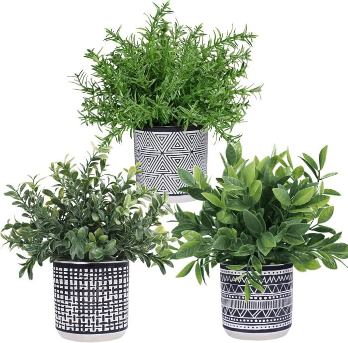 Winlyn Set of 3 Small Potted Plants Artificial Eucalyptus Rosemary Boxwood Plants in Black and White Geometric Pots for Table Centerpiece Kitchen Counter Windowsill Indoor Outdoor Garden Greens Decor