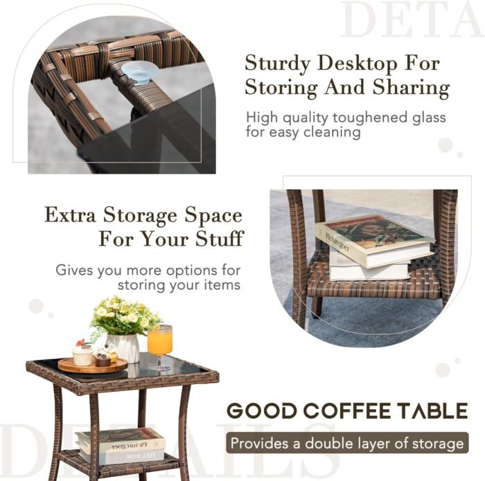 Devoko Outdoor Rocking Chairs 3 Piece Patio Furniture Set with Side Table & Cushions, Wicker Porch Rocker Bistro Set High Back for Balcony, Backyard, Garden (Beige) - Image 3