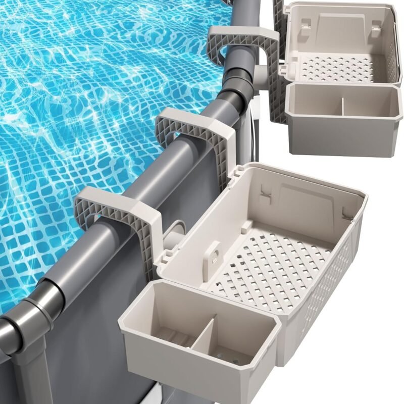 2 Sets of Poolside Storage Baskets with Cup Holders - Perfect for 3-Inch or Smaller Top Rails - Above Ground Pool Accessories - Fit for Most Above Ground Pool（Grey）