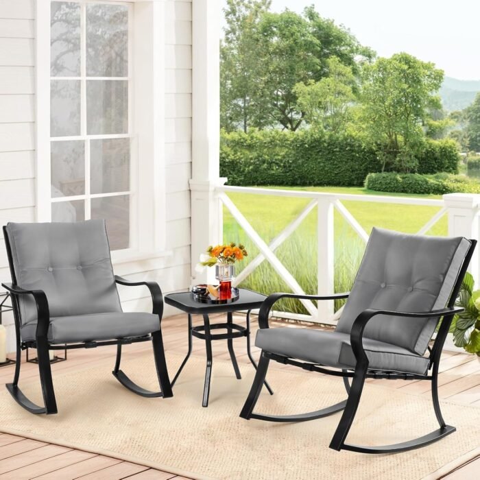 SOLAURA 3-Piece Outdoor Rocking Chairs Bistro Set, Black Iron Patio Furniture with Gray Thickened Cushion & Glass-Top Coffee Table - Image 3