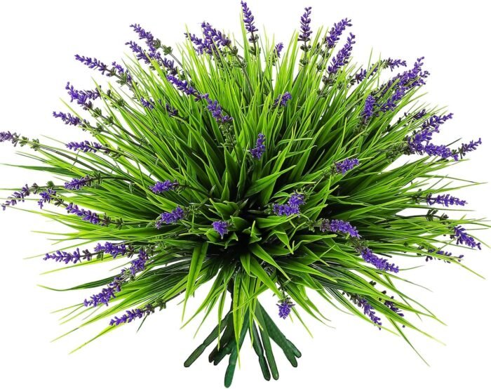 12 Bundles Artificial Grass Fake Plants，Outdoor Fake Monkey Tail Grass with Flowers for Pot UV Resistant Lavender Patio Garden Porch Home Window Hanging Planter Decor Faux Plastic Shrubs(Puper+Green)