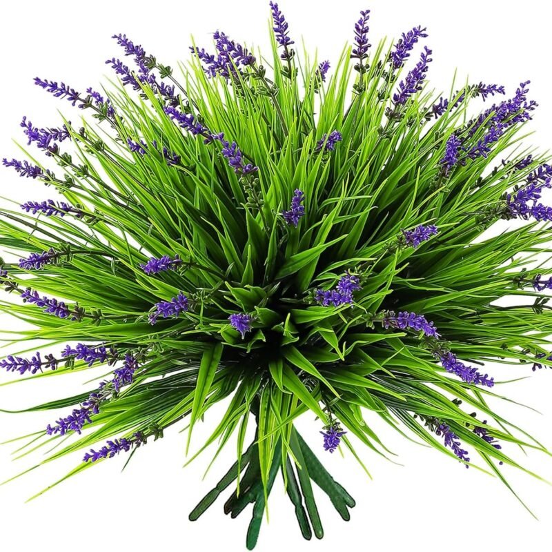12 Bundles Artificial Grass Fake Plants，Outdoor Fake Monkey Tail Grass with Flowers for Pot UV Resistant Lavender Patio Garden Porch Home Window Hanging Planter Decor Faux Plastic Shrubs(Puper+Green)