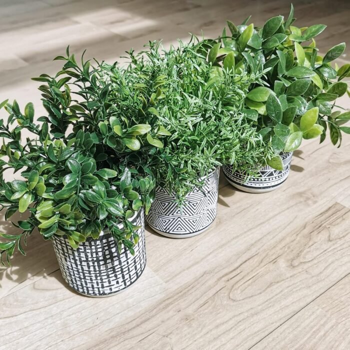 Winlyn Set of 3 Small Potted Plants Artificial Eucalyptus Rosemary Boxwood Plants in Black and White Geometric Pots for Table Centerpiece Kitchen Counter Windowsill Indoor Outdoor Garden Greens Decor - Image 8