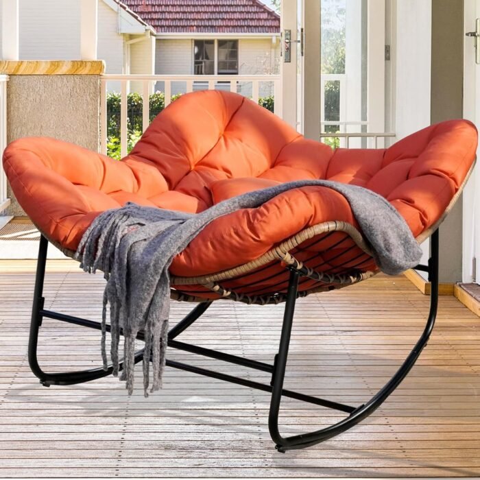 Papasan Rocking Chair, Oversized Patio Papasan Chairs Indoor with Cushion & Pillow, Egg-Shaped Rocking Chair Outdoor, All-Weather Wicker Rocker for Garden, Deck, Living Room, Red - Image 3