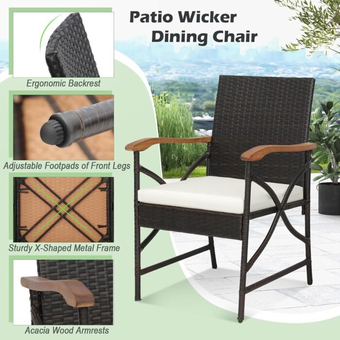 Tangkula 9 Pieces Patio Dining Table and Chairs Set with Umbrella Hole, Acacia Wood Table with Metal Frame, and Heavy Duty Cushioned Wicker Chairs, for Backyard, Garden and Poolside (Mix Brown) - Image 5