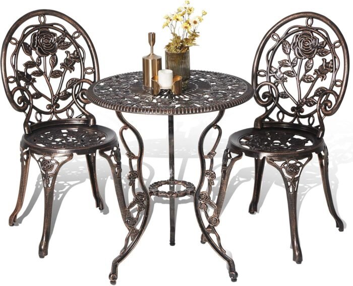 HOMEFUN Bistro Table and Chairs Set of 2 Outdoor 3 Piece Patio Set, Rose Pattern Cast Aluminum Bistro for Garden Balcony, Durable Rust All-Weather Resistance, Rose Bronze