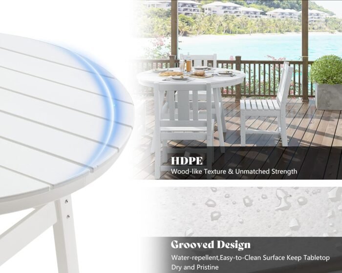 AMERLIFE 5 Piece HDPE Outdoor Dining Tables and Chairs, All-Weather Patio Outdoor Furniture with Umbrella Hole, Round Table for Garden, Backyard, Seaside, White - Image 4
