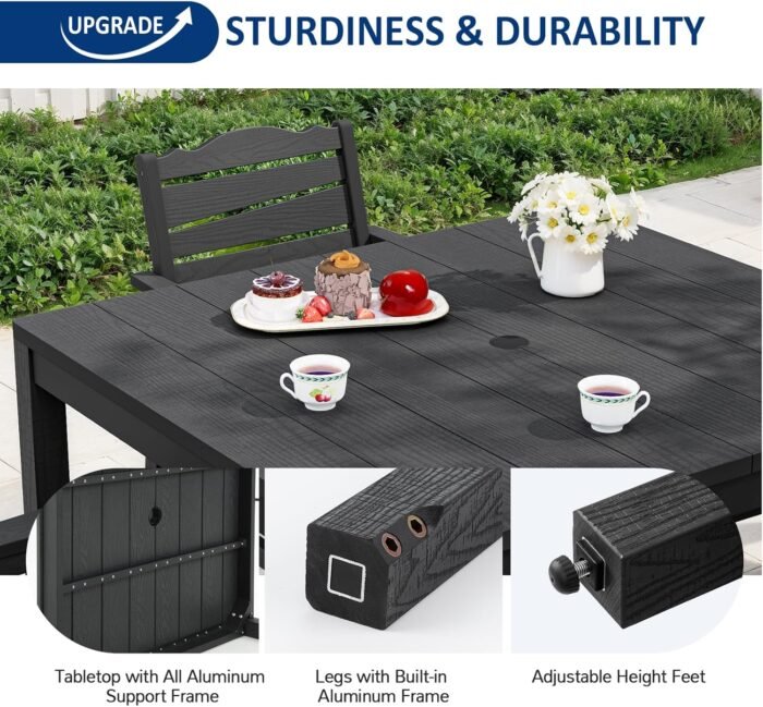 5-Piece Patio Dining Sets, Outdoor Dining Table w/Aluminum Frame and 4 Chairs, Weatherproof HIPS Dining Furniture Set with Umbrella Hole, for Backyard, Garden, Lawn, and Poolside, Black - Image 7