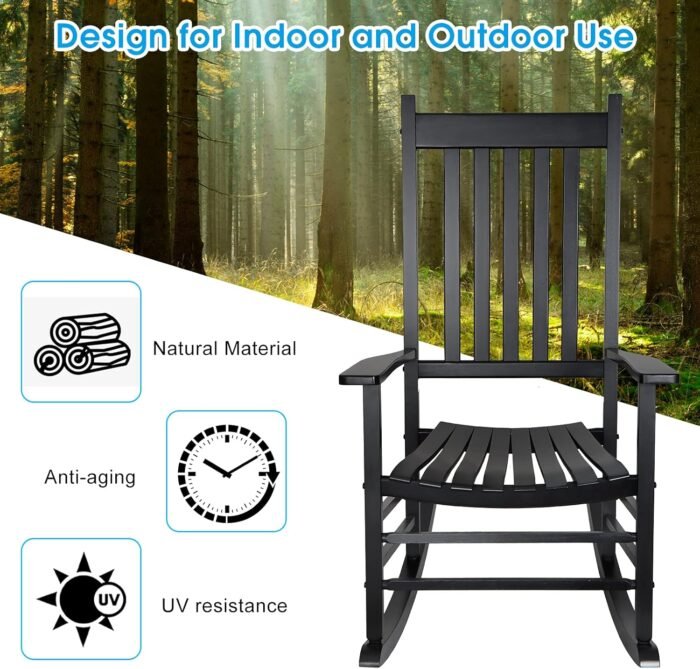 Patio Rocking Chair, Outdoor Rocking Chair, Wood Porch Rocker, Wooden Rocking Chair for Adult for Garden, Lawn, Balcony, Backyard and Patio (1 Black) - Image 4