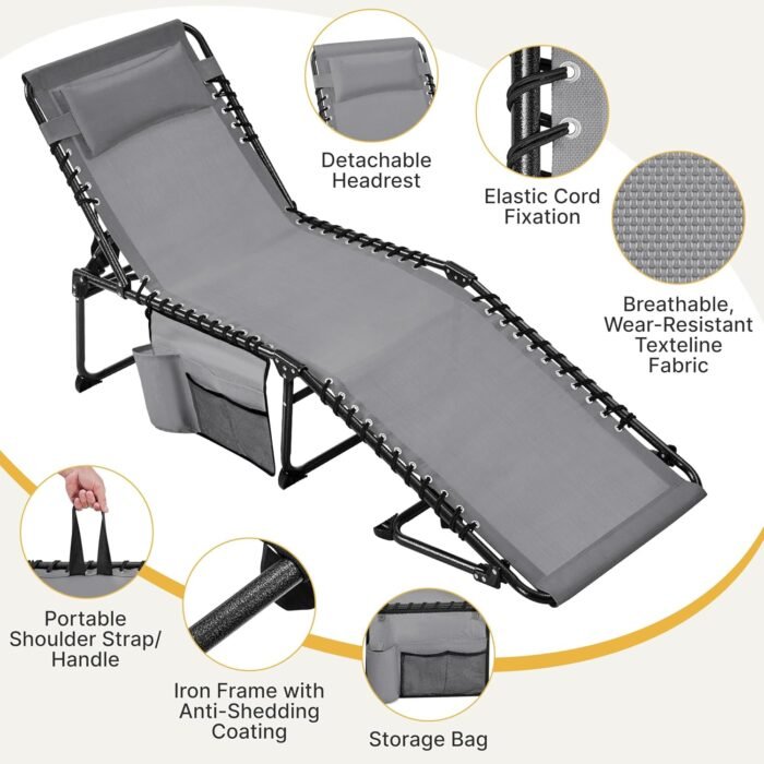 Yaheetech 22.4" Outdoor Folding Tanning Chair, Chaise Lounge Chairs with 5 Back Position Adjustable, Extended Portable Lounger for Beach, Patio, Gray - Image 4