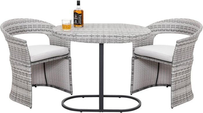 NUU GARDEN 3 Piece Outdoor Patio Bistro Set, Patio Furniture Set for 1 Iron Patio Table and 2 Dining Chairs, Balcony Furniture Patio Table and Chairs Set of 2 with Cushions, for Garden Yard, Gray