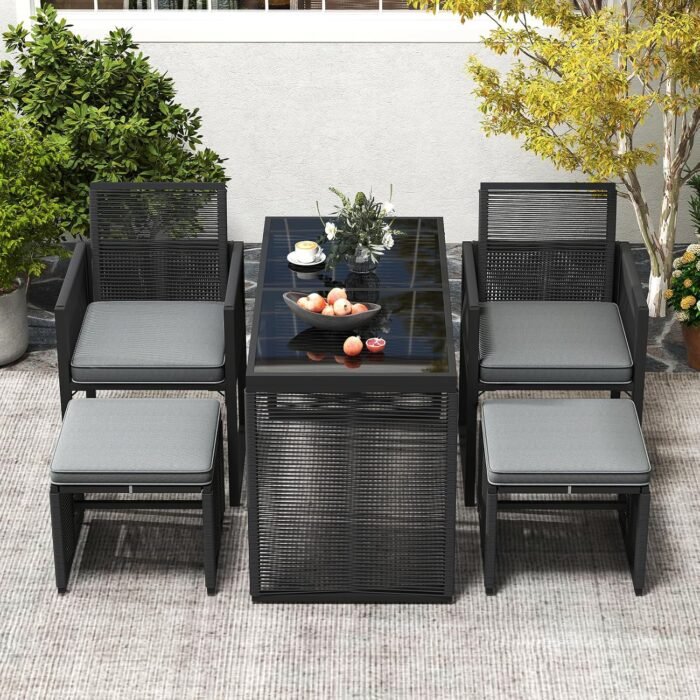 Tangkula 5 Pieces PE Wicker Patio Dining Set, Outdoor Conversation Set with Cushions, Space-Saving Patio Rattan Chair and Tempered Glass Table Set with Ottomans for Garden, Backyard & Poolside (Gray) - Image 3