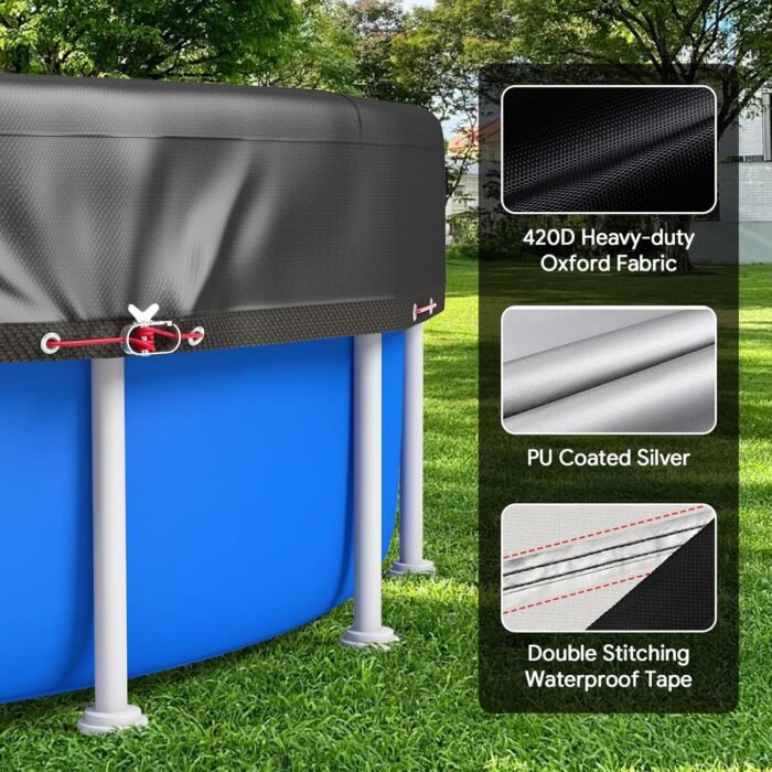 12Ft Round Pool Cover, Upgraded 420D Heavy Duty Oxford Fabric Pool Covers for Above Ground Pool with Winch and Cable, All Season Inflatable Pool Cover for UV Resistant, Waterproof and Dustproof - Image 5