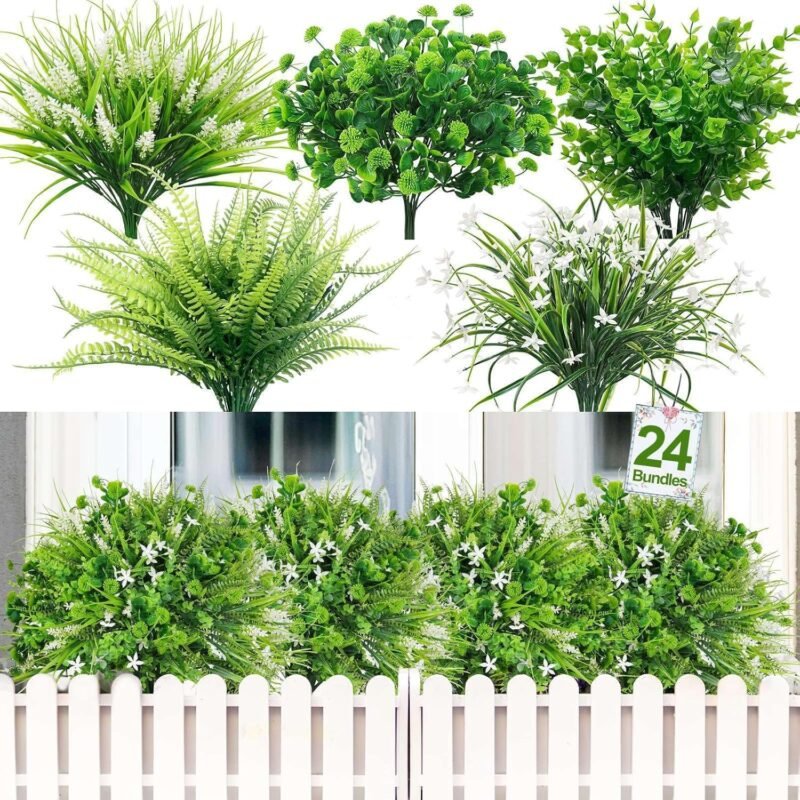 24 Bundles Artificial Plants Flowers for Outdoors Summer Decor, UV Resistant Fake Plants Plastic Faux Boston Fern Lavender Flowers Boxwood Greenery Shrubs for Gardens Porch Yard Home Spring Decor
