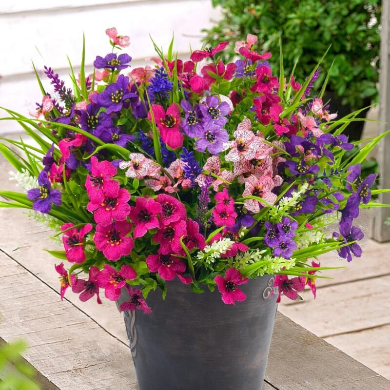 12 Bundles Artificial Flowers Outdoor Silk Fake Plants UV Resistant Faux Plastic Greenery Shrubs for Home Outside Garden Front Porch Window Box Pot Planters Decor (Mix Color)