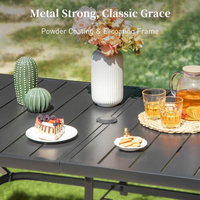 60" Patio Dining Table for 6, Rectangle Patio Table with Umbrella Hole,E-Coating and Powder Coating Steel Frame Metal Outdoor Patio Table for Garden Backyard Lawn Yard - Image 3