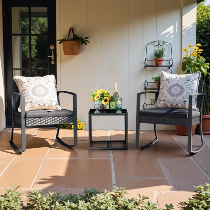 Devoko PP Patio Furniture Set 3 Piece All Weather Outdoor Rocking Chairs with Cushions and Coffee Table for Bistro Balcony Porch (Black) - Image 2