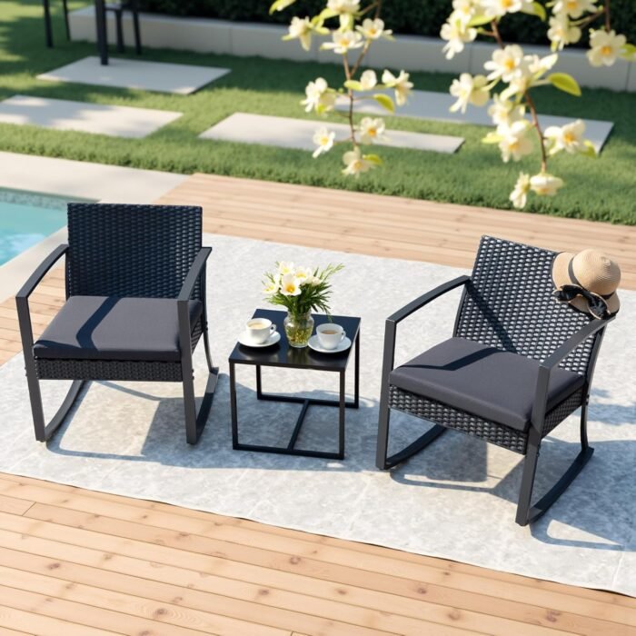 Devoko PP Patio Furniture Set 3 Piece All Weather Outdoor Rocking Chairs with Cushions and Coffee Table for Bistro Balcony Porch (Black) - Image 7