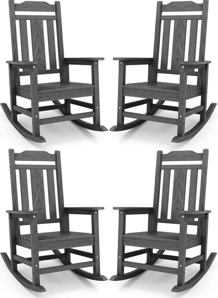 SERWALL Gray Outdoor Rocking Chair Set of 4, All Weather Patio Rocking Chair, HDPE Poly Rocking Chair for Adults, Heavy Duty Front Porch Rocker