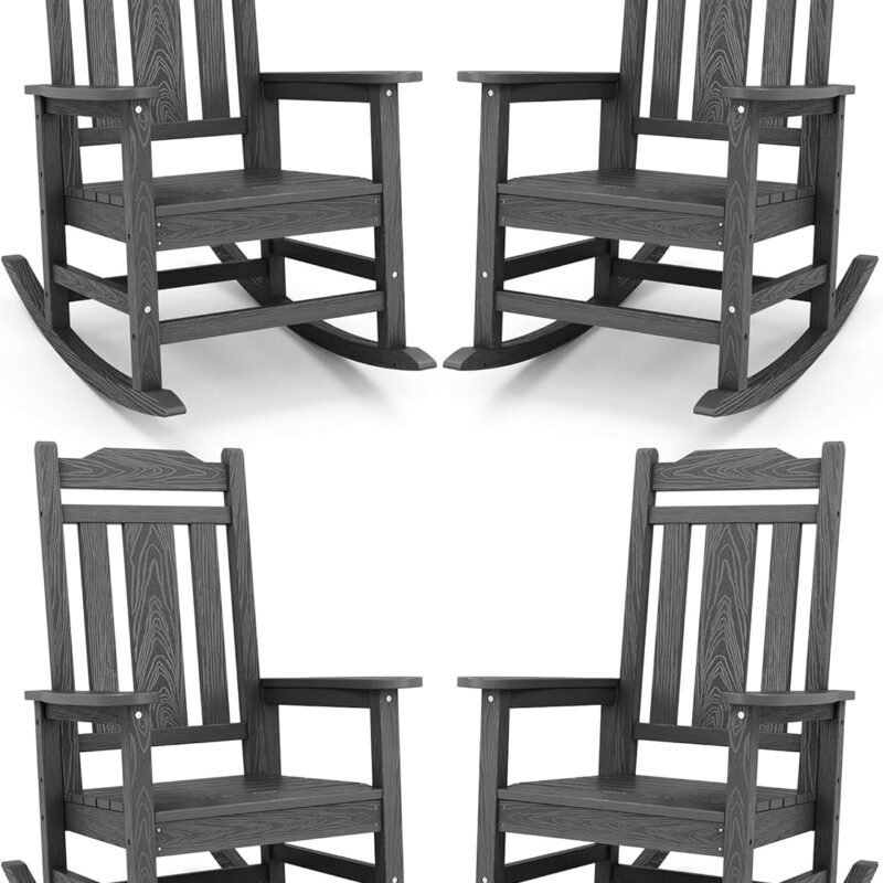 SERWALL Gray Outdoor Rocking Chair Set of 4, All Weather Patio Rocking Chair, HDPE Poly Rocking Chair for Adults, Heavy Duty Front Porch Rocker