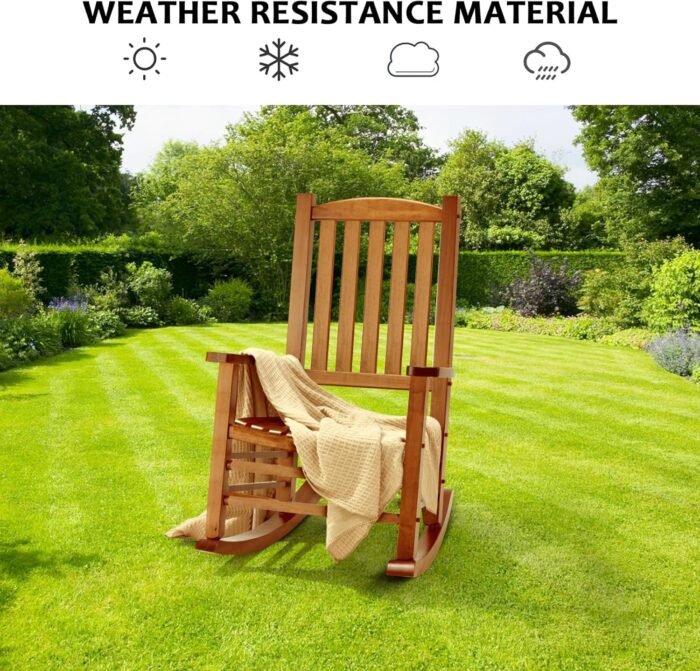 Wooden Oversized Porch Rocker Chair with High Back and Armrest, All Weather Slatted Rocker for Backyard, Garden, 400 lbs Support, Natural - Image 8