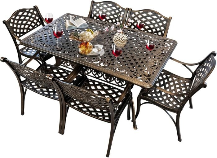 7 Piece Patio Dinning Set, Outdoor Cast Aluminum Dinning Set, All Weather Outdoor Dining Set for Garden, Include 6 Chairs and 1 Round Patio Table with Umbrella Hole