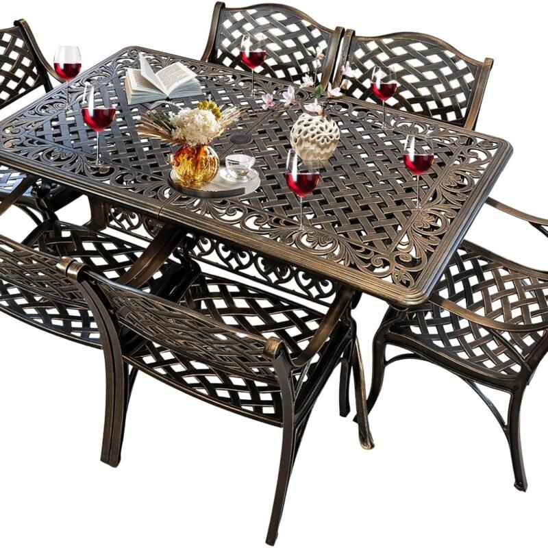 7 Piece Patio Dinning Set, Outdoor Cast Aluminum Dinning Set, All Weather Outdoor Dining Set for Garden, Include 6 Chairs and 1 Round Patio Table with Umbrella Hole