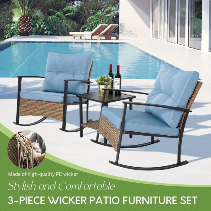 Wicker Rocking Chairs for Outdoors 3 Piece, Patio Rocking Chairs Set of 2, Patio Furniture Set, Small Outdoor Set for Porch, Poolside, Balcony and Yard, Blue - Image 2