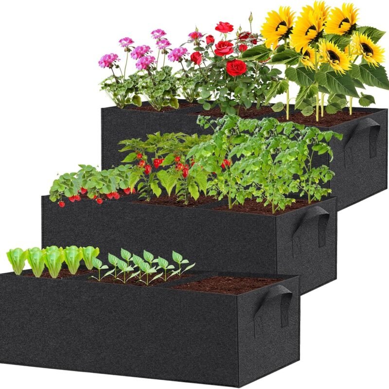 3 Pack Fabric Raised Garden Bed, 22 Gallon 3x1x1 FT Garden Growing Bags with Handle, 3 Grids Breathable Garden Grow Bed Bags Grow Planter Bags Plant Bed for Planting Vegetables, Flowers and Herbs
