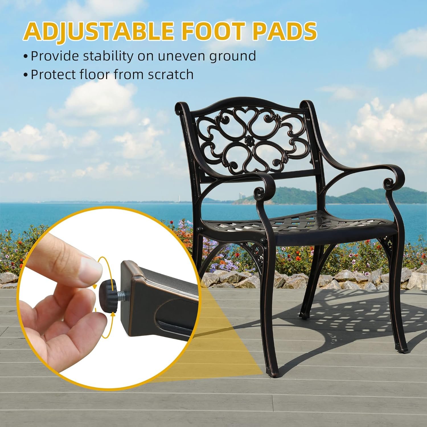 DWVO 7-Piece Outdoor Furniture Cast Aluminum Patio Dining Sets, All-Weather Patio Bistro Sets with 6 Chairs, 59 Inches Round Table with Umbrella Hole, Adjustable Feet for Balcony Backyard Deck Garden - Image 8