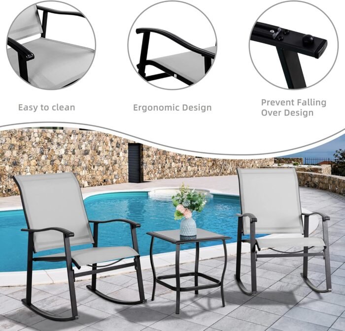 Vongrasig 3 Piece Outdoor Rocking Bistro Set, Textilene Fabric Small Patio Furniture Set, Front Porch Rocker Chairs Conversation Set with Glass Table for Lawn, Garden, Balcony, Poolside (Light Gray) - Image 3