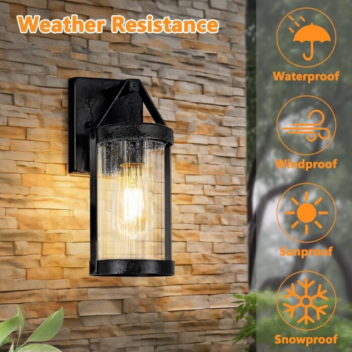 Outdoor Wall Light Fixtures, Waterproof Matte Black Exterior Wall Lantern Sconce Porch Lights, Outside Lighting with Clear Ribbed Glass for House, Garage, Front Door, 2-Pack - Image 4