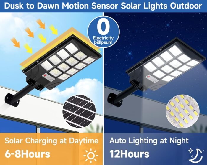 Solar Lights Outdoor for Outside, IP66 Waterproof Solar Street Lights Outdoor with Motion Sensor & Dusk to Dawn, 6500K Security Flood Light for Yard Garden with Remote Control - 2PACK - Image 2
