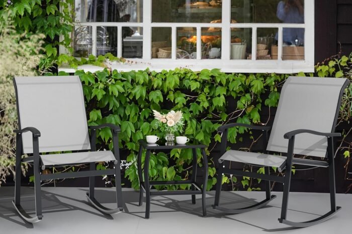 Vongrasig 3 Piece Outdoor Rocking Bistro Set, Textilene Fabric Small Patio Furniture Set, Front Porch Rocker Chairs Conversation Set with Glass Table for Lawn, Garden, Balcony, Poolside (Light Gray) - Image 8