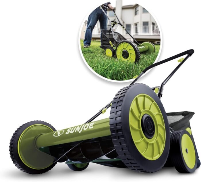 Sun Joe MJ501M w/ 7-Gallon Detachable Grass Catcher, 9-Position Height Adjustment, 5 Steel Blades, Compact Design, 18-Inch Manual, Green/Black