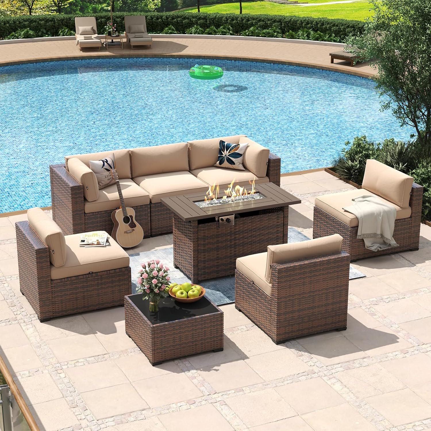 Aoxun 8 Piece Patio Furniture Set with 44” Fire Pit Table Wicker Rattan Outdoor Sectional Sofa Set with Coffee Table and Thickened Cushions, Beige (Waterproof Cover Included) - Image 3